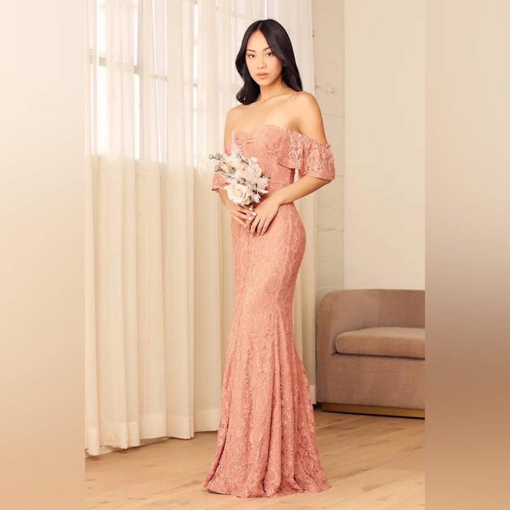 Lulus Adoring Hearts Rusty Rose Lace Off-the-Shoulder Maxi Dress